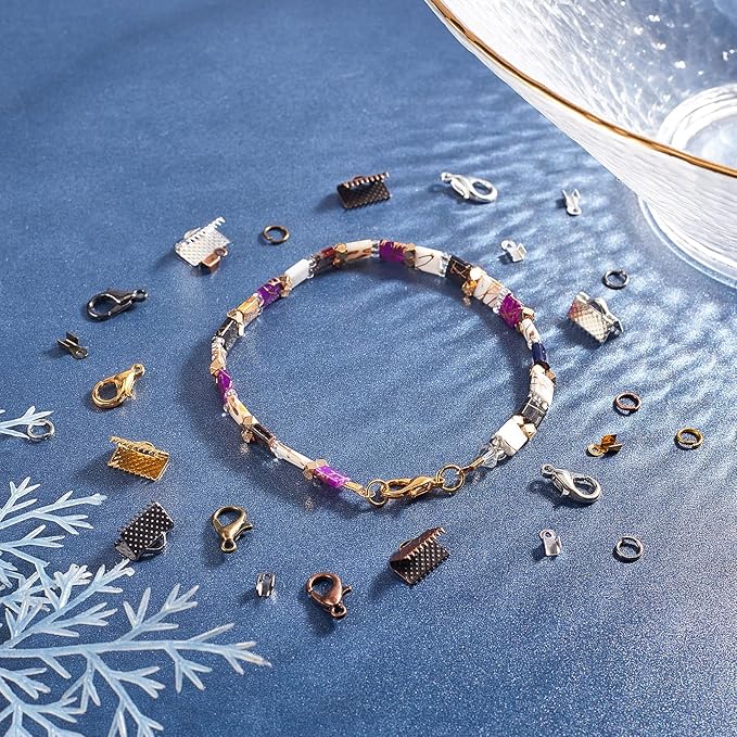 PH PandaHall About 2580Pcs Jewelry Finding Kits of Fold Over Iron Cord Ends Ribbon End Jump Rings and Lobster Claw Clasps in 6 Colors Mixed Sizes