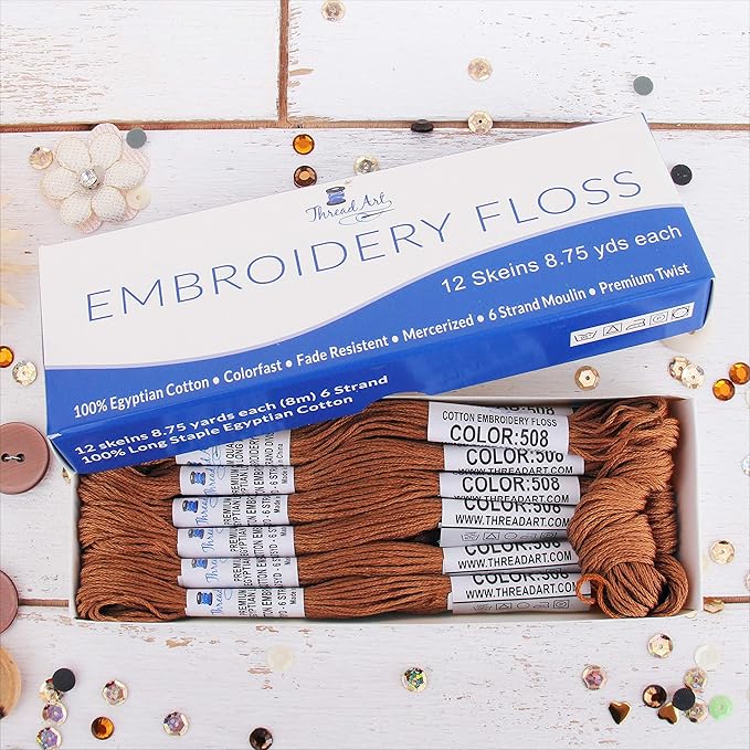 12 Skeins ThreadArt Premium Egyptian Long Fiber Cotton Embroidery Floss | Brown | 6 Strand Divisible Thread 8.75yds Each for Hand Embroidery, Friendship Bracelets, Cross Stitch and Crafts