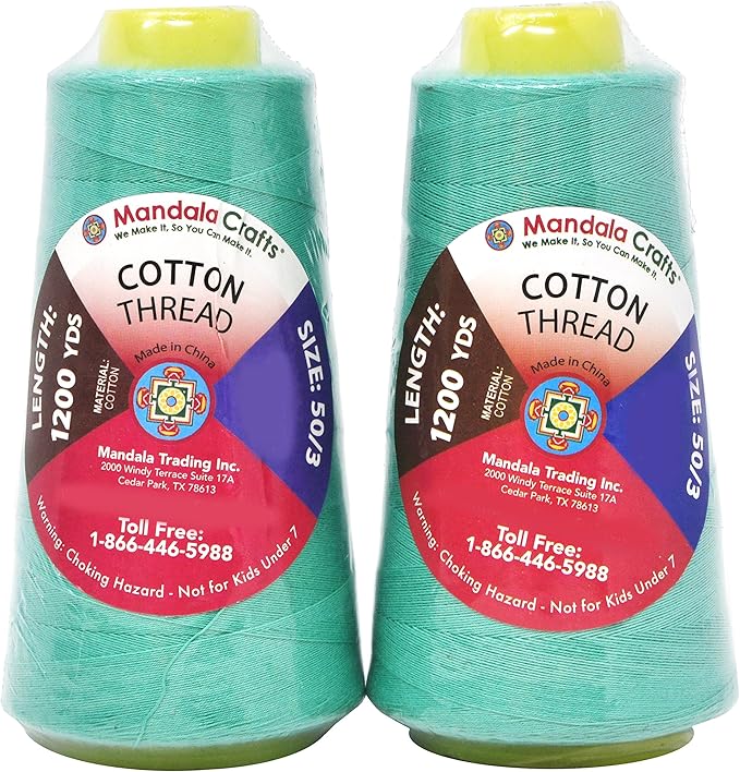 Mandala Crafts Turquoise Thread Cones for Machine and Hand Quilting - 2400 Yds 50 WT Multiple Purpose Mercerized 100% Cotton Threads for Sewing Machine Serger Embroidery