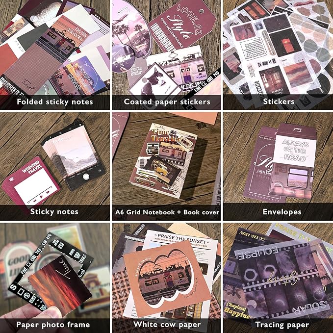 Travel Scrapbooking Supplies Kit, Holiday Aesthetic Vintage Scrapbook Kit for Bullet Junk Journal A6 Grid Notebook Stationary Journaling Supplies DIY Craft Birthday Gifts for Women Kid Teen Girl