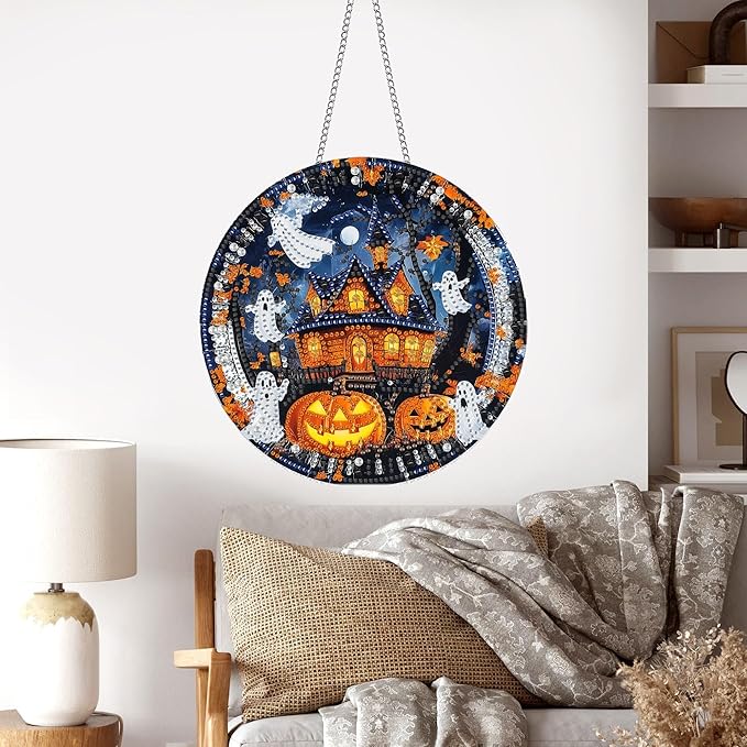 Pavemlo Hanging Diamond Art Kits for Adults Halloween Ghost – 8x8 Inch Double-Sided Acrylic Board DIY Crystal Diamond Suncatcher Pendant, Sparkling Home Wall or Window Decoration Handmade Gift