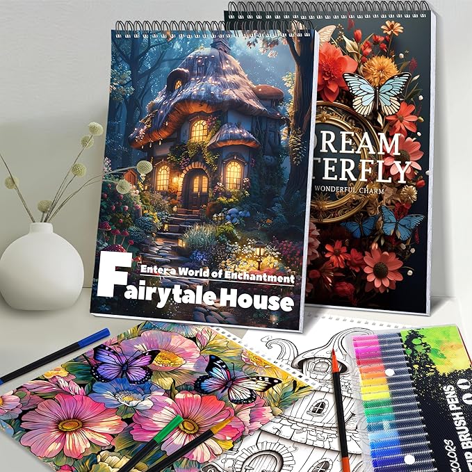 Adult Coloring Book for Women Relaxation, Spiral Bound Mindfulness Coloring Book with 24 Colors Markers for Adult, Anxiety Relief Gifts with 48 Pictures (Butterfly & Pumpkin House)
