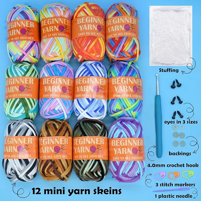 JOYTAG 12 Pack Beginners Crochet Yarn Rainbow Cotton Crochet Yarn for Crocheting Knitting Beginners with Easy-to-See Stitches Beginner Crochet Kit(12x25g)-Mixed Rainbow