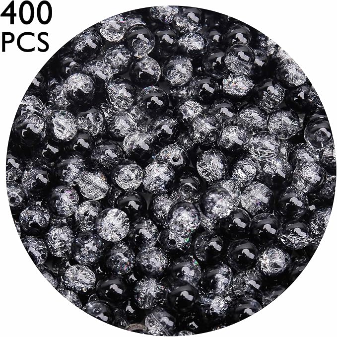 400PCs 4mm Black Crackle Glass Beads Bulk, Round Smooth Hole Glass Crystal Beads for Jewelry Making, DIY Bracelets, Necklaces, Bag Charms, Keychains and Craft Projects