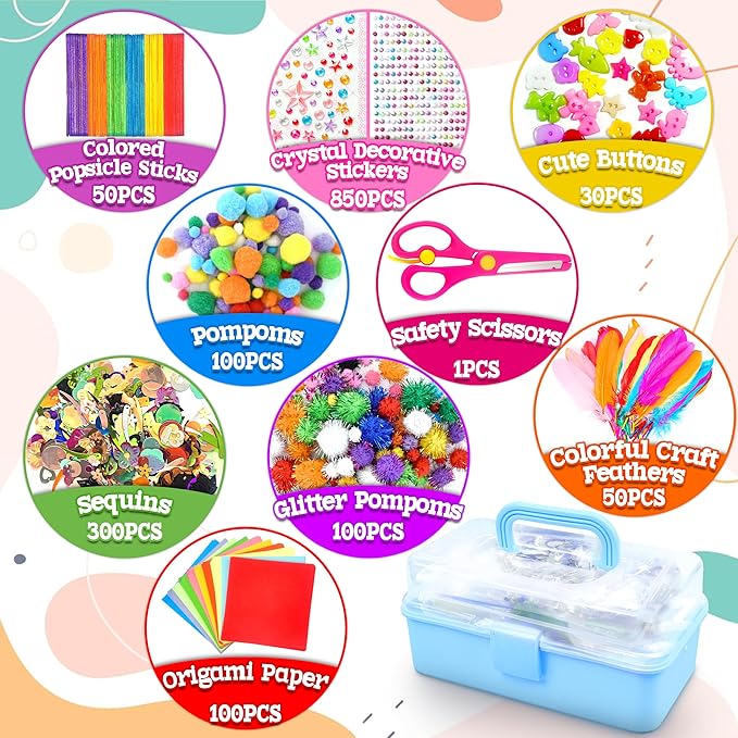 LINAYE 3000PCS Arts and Crafts Supplies for Kids, DIY Craft Box Kits, Craft Supplies Set Include Pompoms, Pipe Cleaners for Kids Ages 4-6 6-8 Birthday for Boys Girls Blue