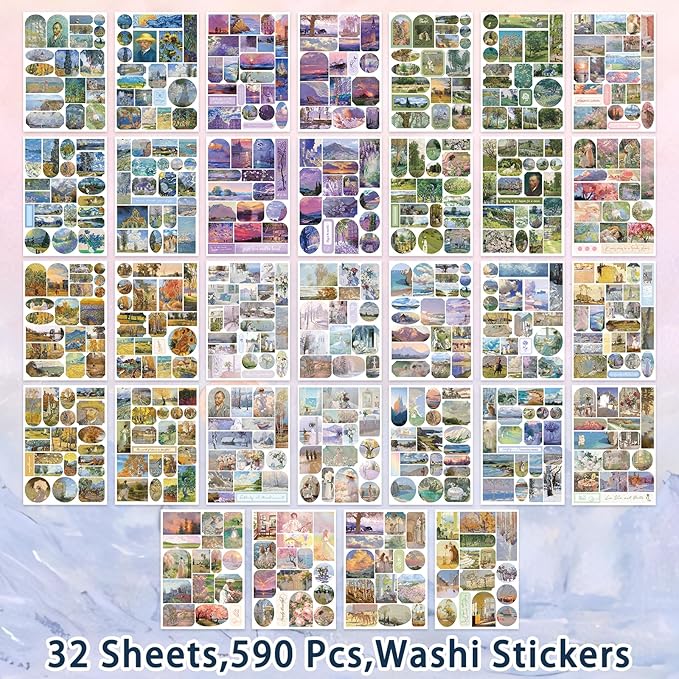 32 Sheets Vintage Oil Painting Stickers & 20 Sheets Ephemera Papers Kit -Classical Art Stickers, Junk Journal Supplies for Adults, Scrapbooking Collage, Scrapbook Paper Pack