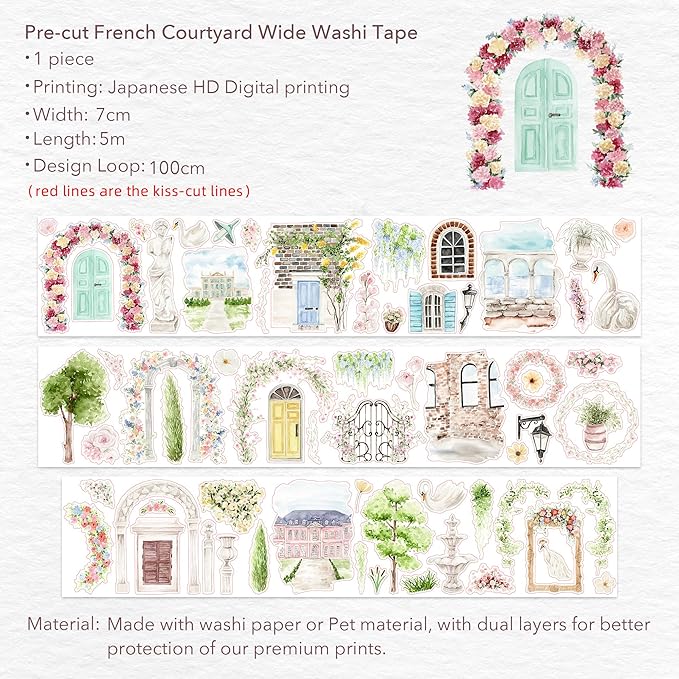 WT Pre-Cut French Courtyard Wide Washi Tape, Single Roll, Romantic European Courtyard Style with Floral Designs, Decorative Washi Paper Tape for Journaling, Scrapbooking, Planner, DIY Crafts