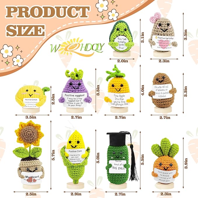 Crochet Potato Bag and Emotional Support Vegetable Bag Combination with Base. Handmade Crochet Cute Vegetables, Perfect for Offices, Universities, Colleagues, Friends, New Year (10PCS)
