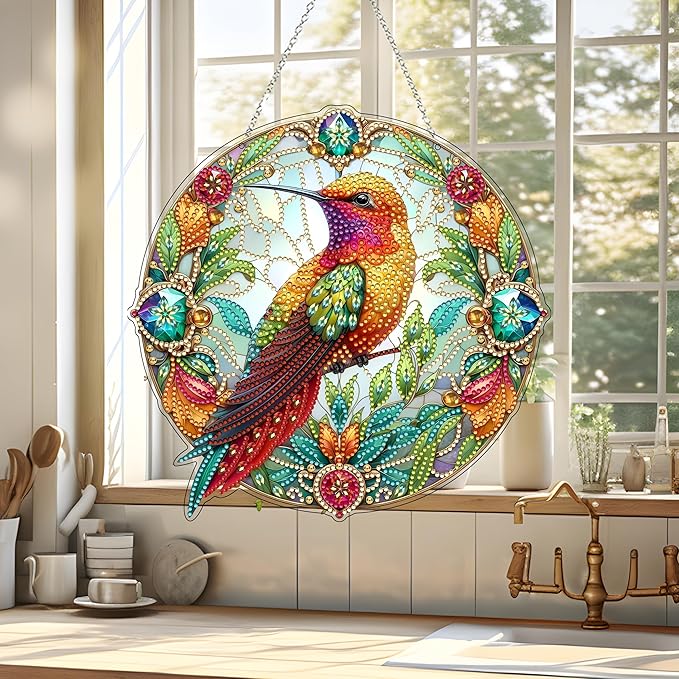 JJFox DIY Acrylic Diamond Art Painting Wreath Kits Special Shaped Rhinestone Diamond Art Window Pendants Home Garden Wall Hanging Kits Hanging Ornament (Hummingbird)
