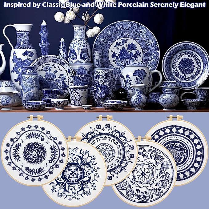 LOADSFUN 5 Pieces Embroidery Kit for Beginners, Cross Stitch Kits with Stamped Patterns,Hoop,Threads,Needle Threader Needlepoint Kits Crafts for Adults Step by Step Instructions Video