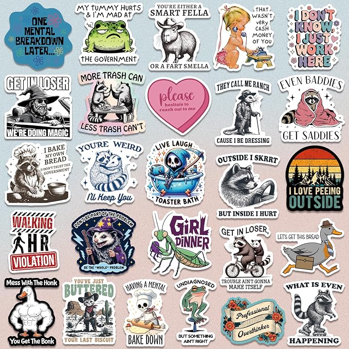 200 pcs funny holographic stickers for adults, waterproof vinyl sarcastic meme decals for laptop, water bottle, phone, kindle, journal, scrapbook, bumper, skateboard, luggage, no repeats