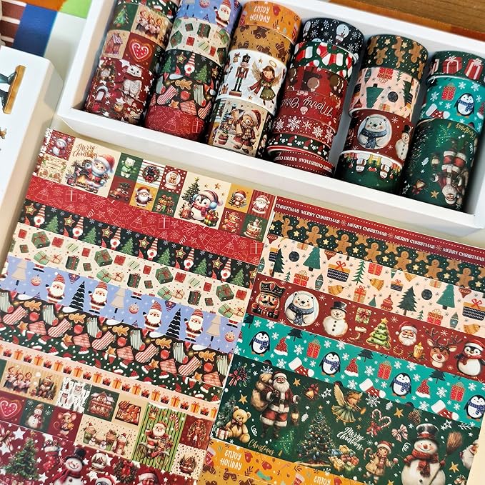 27 Rolls Christmas Vintage Washi Tape Set - Retro Holiday Decorative Tapes with Snowman, Santa, Christmas Tree Designs - DIY Craft Supplies for Scrapbooking, Journaling, Gift Wrapping