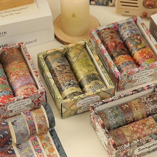 12 Rolls Kyoto Charm Washi Tape Set Japanese Arts Adhesive Tapes Geometric Garden Decorative Masking Tape Sets for Craft, Kids, Scrapbook, DIY, Gift Wrapping (Purple Sakura)