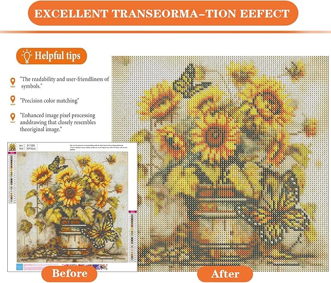 igoodom Diamond Art Kits for Adults, Sunflowers Diamond Art Kits, Full Drill Round Sunflowers Butterfly Diamond Painting Kits, DIY Gem Art and Crafts for Home Wall Decor Gift 14x14inch