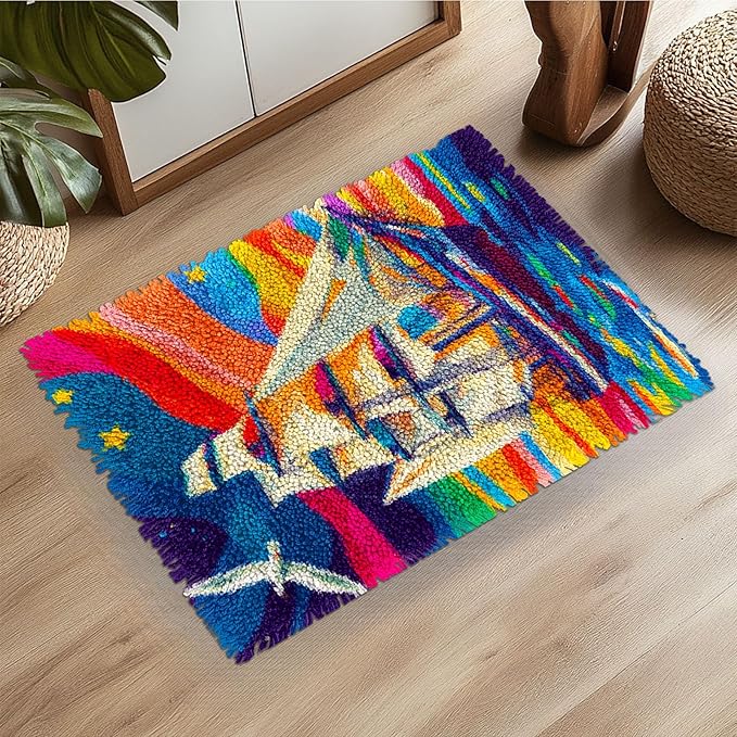 Latch Hook Rug Kit Landscape of Mountain Lake Pre-Printed Handmade Carpet Crochet Yarn Craft DIY Hook and Latch Door Mat Tapestry for Home Floor Decoration 52x38cm-1