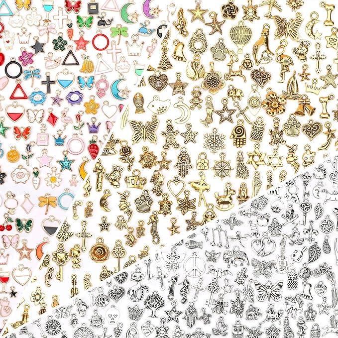 SANNIX 350Pcs Charm for Jewelry Making, Assorted Gold Enamel Charms, Mixed Bulk Antique Gold Tibetan Silver Jewelry Bangle Charm Pendants for Bracelet Necklaces Earrings Making Supplies