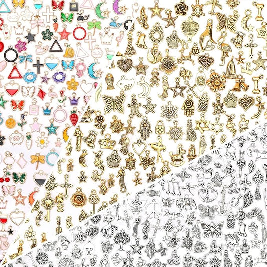 SANNIX 350Pcs Charm for Jewelry Making, Assorted Gold Enamel Charms, Mixed Bulk Antique Gold Tibetan Silver Jewelry Bangle Charm Pendants for Bracelet Necklaces Earrings Making Supplies