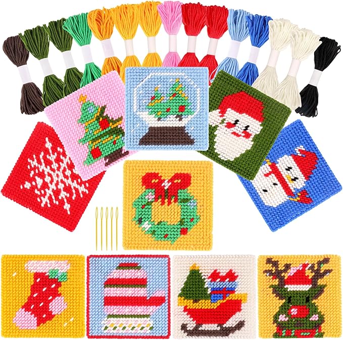 Pllieay Christmas 10-in-1 Cross Stitch Beginner Kit for Kids, Includes Instruction of 10 Different Patterns, 10 Printed Plastic canvases for Needlework, Needlepoint Starter Sewing Set
