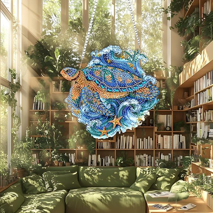 Lxmsja DIY Turtle Starfish Diamond Painting Hanging Ornament, Double-Sided Acrylic Ocean Waves Diamond Art Kit, Special Shaped Suncatcher Hanging Pendant Window Art Kit 7x8 inch