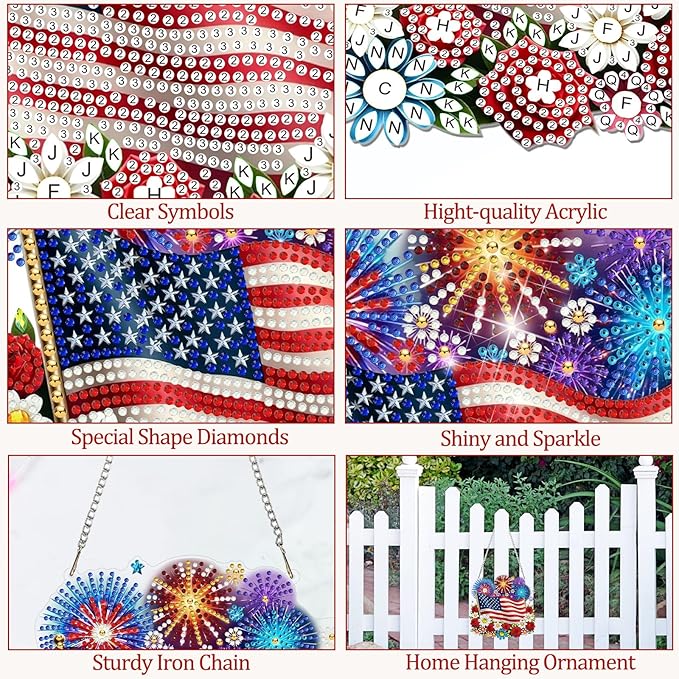 CEOVR American Flag Hanging Diamond Art for Adults, Independence Day Diamond Painting Pendant DIY Gem Art Wall Ornament, Acrylic Home Garden Decor with Chain, Box Kit 7.87×7.67 inch