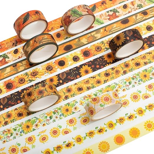 YUBX Sunflower Washi Tape Set 10 Rolls Floral Print Decorative Sun Flowers Masking Tapes for Arts, DIY Crafts, Journals, Planners, Scrapbook, Wrapping