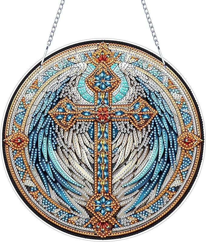 NQRSBUI DIY Hanging Diamond Art Kits for Adults, Cross Double Sided Diamond Art Painting Suncatchers Pendants, Crystal Gem Craft Painting Kit for Home Garden Wall Decor Gift (Cross)