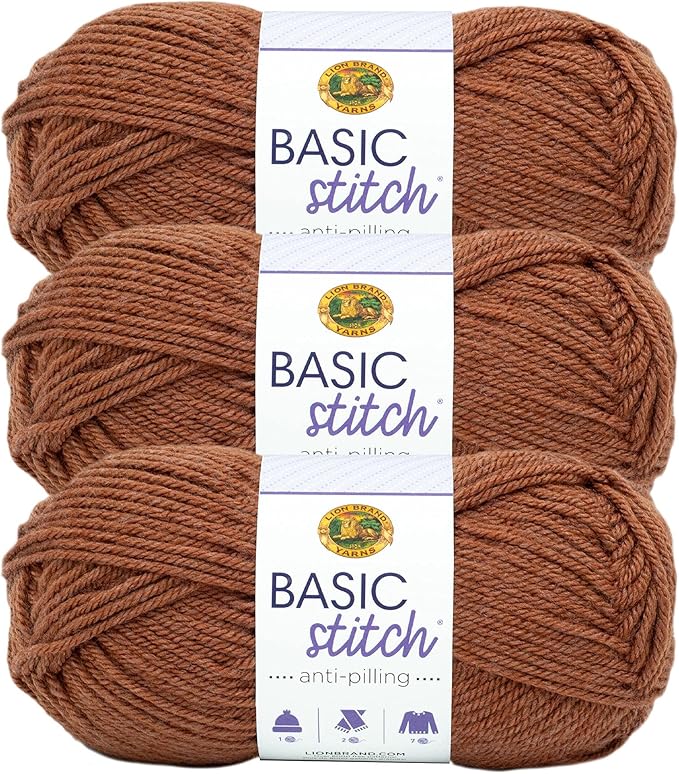 Lion Brand Yarn Basic Stitch Anti-Pilling Yarn for Crocheting, Knitting, and Crafts, Russet Heather, 3 Pack
