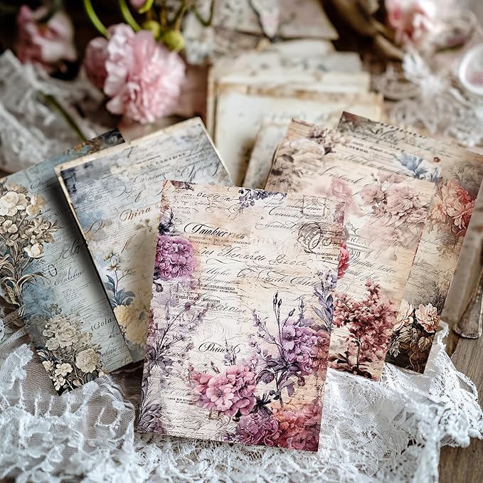 160 Sheets Vintage Flower Scrapbook Paper, Junk Journal Supplies, Purple Pink Flowers with Cursive Script No Repeating Perfect for Junk Journal DIY Cards Craft Albums Scrapbooking Supplies (Purple)