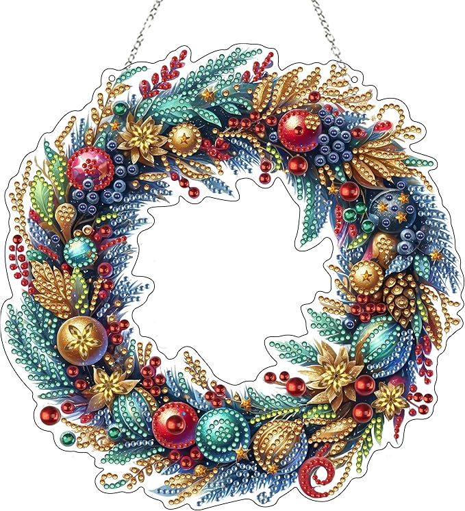 JJFox Diamond Art Hanging Kit for Adult,Special Shaped Rhinestone,DIY Acrylic Diamond Art Painting Window Pendants Home Garden Wall Hanging Kits Hanging Ornament,Double Sided (Christmas wreath2)
