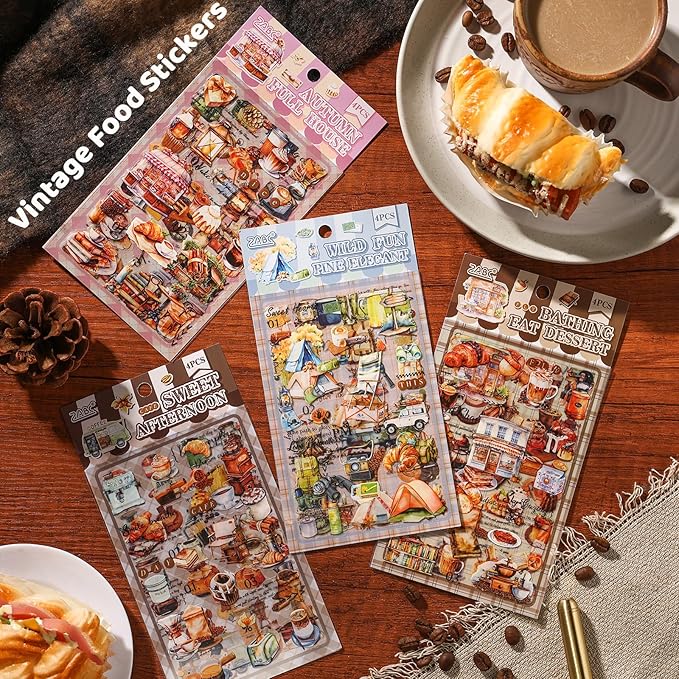 Vintage Food Stickers for Scrapbooking – 320+ Transparent PET Dessert, Coffee, Cake & Bread Stickers for Journaling, Junk Journal Supplies, Kids DIY Crafts, Baking & Camping Decoration
