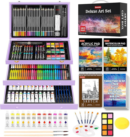 Soucolor Birthday Gifts, Art Supplies, 192-Pack Deluxe Art Set Drawing Painting Supplies Kit with Acrylic Pad, Watercolor Pad, Sketch Book, Canvases, Acrylic Paint, Crayons, Pencils