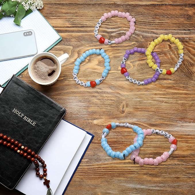 Ferreve 35 Sets Easter Pastel Religious Bead Wristband Craft Kit Jesus Love Me Faith DIY Bead Craft Kit Love Letter Charms for VBS Week Sunday School Christian Bible Verse Gifts Making