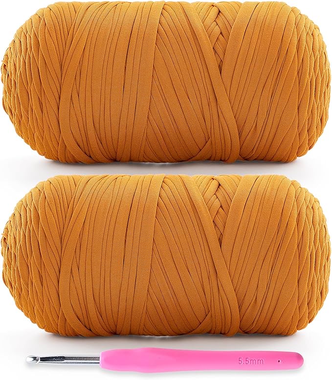 2 Pack Soft T-Shirt Yarn for Crochet, T Shirt Yarns for Crocheting Crafts, Bags, Basket, Coaster, Tshirt Yarns - 800 G/260 Yds with 1 Crochet Hook (2, Ginger Color)