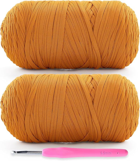 2 Pack Soft T-Shirt Yarn for Crochet, T Shirt Yarns for Crocheting Crafts, Bags, Basket, Coaster, Tshirt Yarns - 800 G/260 Yds with 1 Crochet Hook (2, Ginger Color)