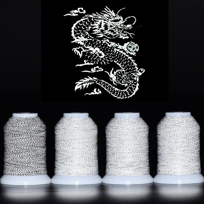 New brothread 4 Spools Reflective Embroidery Machine Thread (3 White +1 Black) 30WT 500M(550Y) Each Spool for Embroidery, Quilting and Sewing