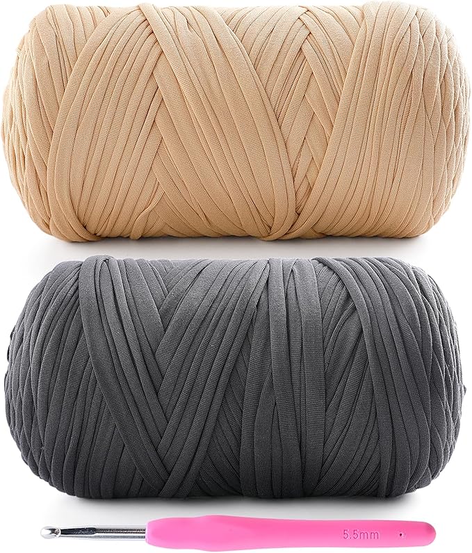 2 Pack Tshirt Yarn for Crochet - 800 G/260 Yds T Shirt Soft Elastic Fabric T-Shirt Yarn for Crocheting Bags Baskets Home Decor with 1 Crochet Hook (2, Dark Grey+Khaki)