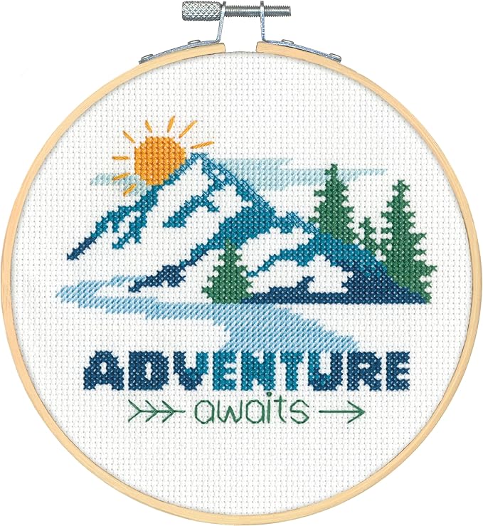Dimensions 72-70486 Adventure Awaits Counted Cross Stitch Kit for Beginners, 6" Diameter, 14 Cnt. Aida, 5 Pieces