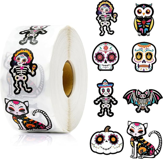 beyumi 1000pcs day of the dead stickers dia de los muertos colorful sugar skull skeleton cat stickers waterproof halloween mexican fiesta stickers decals for laptop water bottle kids party supplies