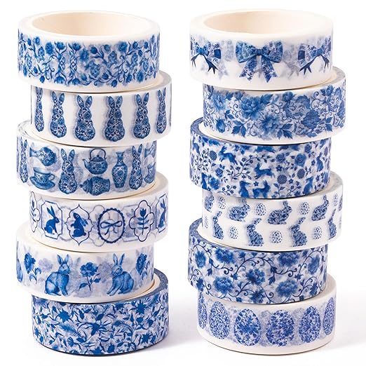 Chinoiserie Bunny Washi Tape - 12 Rolls Blue White Easter Chinese Inspired Rabbit Scrapbook Washi Masking Art Decorative Adhesive Tape Set School DIY Craft Scrapbooking Junk Journal Supplies