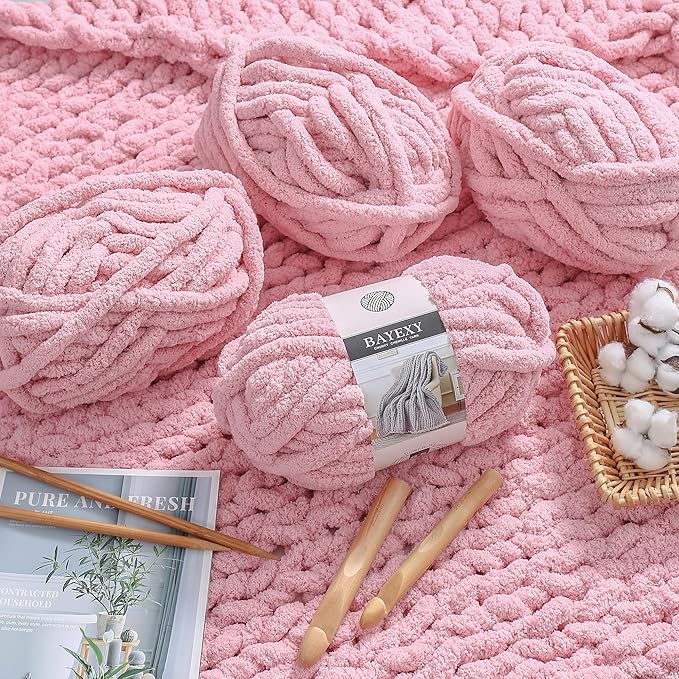 Chunky Chenille Yarn for Hand Knitting 8 Jumbo Pack Jumbo Chunky Yarn for Hand Soft Blanket Knitting, Bulky Thick Fluffy Yarn for Crocheting (Leather Pink)