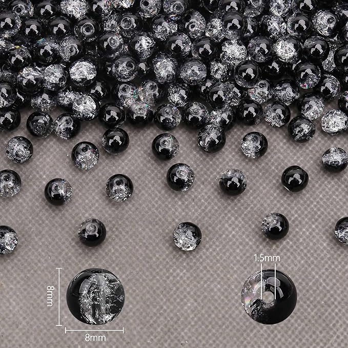 200PCs 8mm Black Crackle Glass Beads Bulk, Round Smooth Hole Glass Crystal Beads for Jewelry Making, DIY Bracelets, Necklaces, Bag Charms, Keychains and Craft Projects