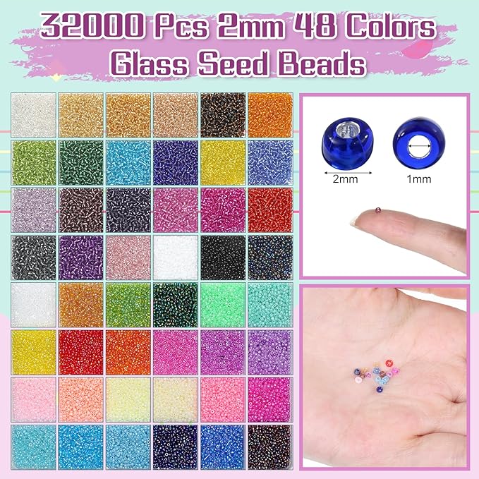 32000 Pcs 2mm Glass Seed Beads Small Craft Beads and 12000 Pcs 7mm Tube Bead Set, Glass Seed Bead Kit for DIY Bracelet Necklaces Crafting Supplies with Elastic Strings Beading Needles 96 Colors