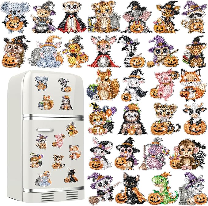 Xuhal 30 Pcs Halloween Diamond Painting Magnets Halloween Animal Diamond Art Magnet Kits for Adults Cute 5D Rhinestone Witch Hat Pumpkin Animal Refrigerator Magnetic Sticker for DIY Craft Fridge Gifts