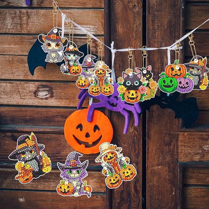 12 Pcs Halloween Cat Diamond Keychains Kit Double Sided DIY Cute Halloween Cat Diamond Keychains for Beginners Adults Art Craft Supplies Holiday Gift