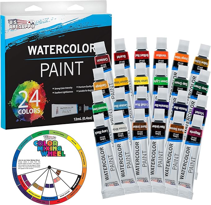 U.S. Art Supply 24-Color Water Colors Paint Set, 12ml Professional Watercolor Tubes, Vibrant Pigments - Water Colors Paint Adult Set for Artists