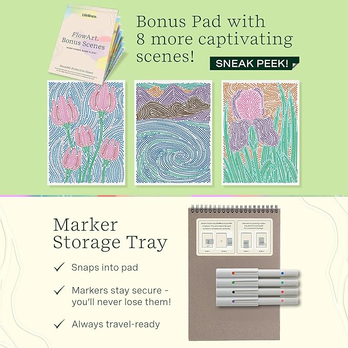 Lifelines FlowArt Activity Pads, 2-Pack & Bonus Pad - Guided Dot-by-Letter Art Meditations - 8 Double-Sided Markers & 48 Scenes - Color by Number/Letter Coloring Books for Tweens, Adults & Seniors