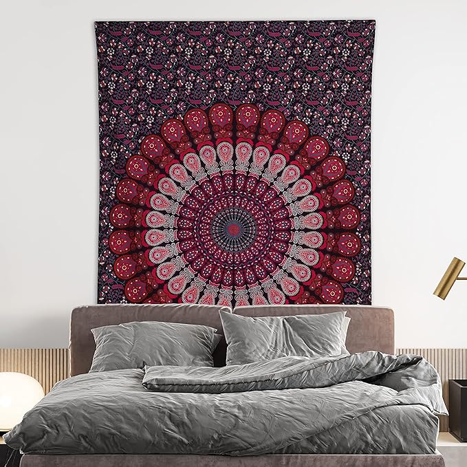 bless international handmade indian hippie bohemian psychedelic peacock mandala wall hanging college dorm beach throws table cloth bedding tapestry (purple pink, twin(54x72inches)(140x185cms))