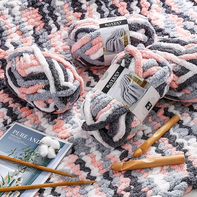 Chunky Chenille Yarn for Hand Knitting 8 Jumbo Pack Jumbo Chunky Yarn for Hand Soft Blanket Knitting, Bulky Thick Fluffy Yarn for Crocheting (Kitten Color)