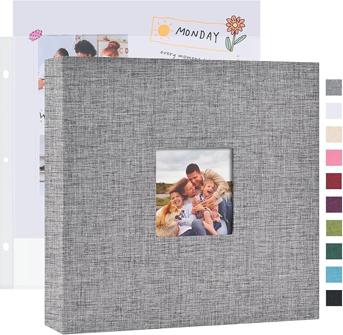 Mublalbum 12x12 Inch DIY Scrapbook Photo Album with 20 Plastic Sleeves 40 Pages Linen Cover 3 Ring Folder Binder for Wedding Baby Family and DIY Projects (Grey)