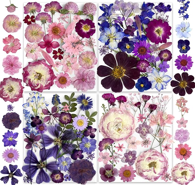 148PCS Purple Hot Pink Dried Pressed Flowers with Butterfly Stickers - YouthBro Real Nature Flowers Set for Resin DIY Jewelry Making Nail Card Scrapbook Art Craft Floral Decors